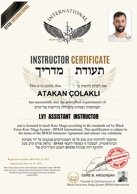 Örnek Black Force Krav Maga LV1 Assistant Instructor eğitmen belgesi