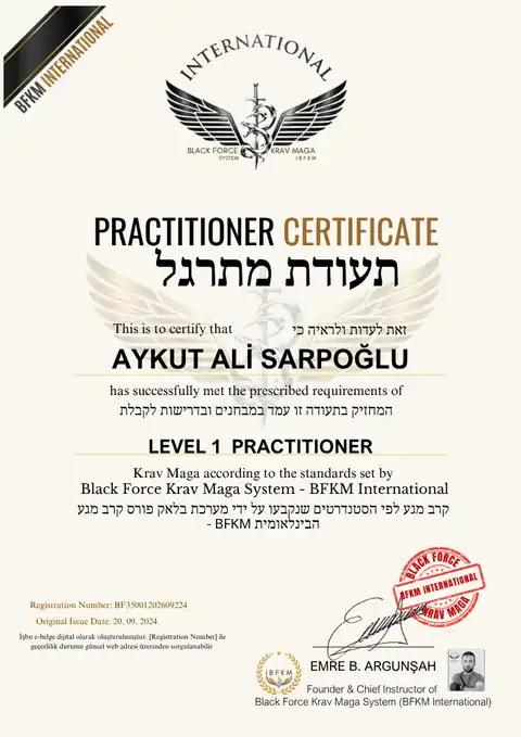 Örnek Black Force Krav Maga Level 1 Practitioner belgesi