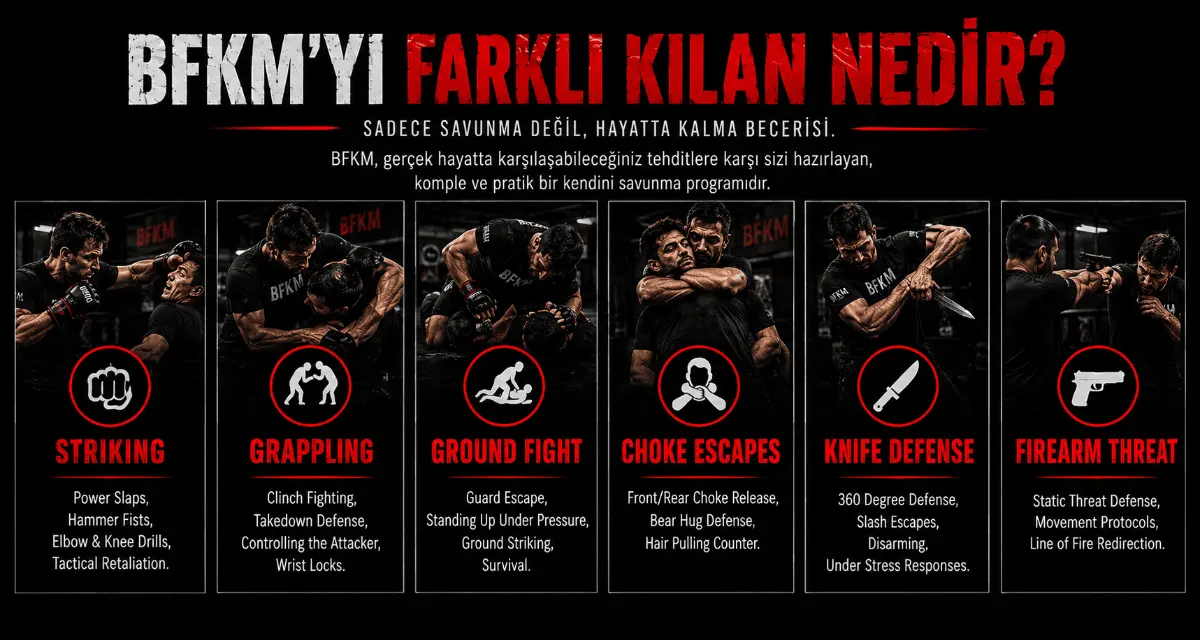BFKM'yi farklı kılan altı eğitim alanı: vuruş, yakın mesafe mücadele, yer dövüşü, boğaz kurtulma, bıçak savunması ve silah tehdidi